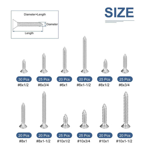 275 Piece Wood Screws Assortment Kit In Stainless Steel For Woodworking And Furniture Self Tapping Phillips Flat Head Screws In Twelve Sizes From Six To Ten The Handy DIYers Go To Set For Projects Repairs And Home Improvement. Display of 12 screw sizes.