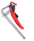 Heavy Duty Ratcheting Table Clamp With Aluminum Alloy Guide Rail And Chrome Vanadium Steel Pro Tool Killer Grip For Woodworking Projects And Cabinet Making 16Cm Opening Works Like A Champ, shown from a top angle with red handle.