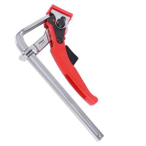 Heavy Duty Ratcheting Table Clamp With Aluminum Alloy Guide Rail And Chrome Vanadium Steel Pro Tool Killer Grip For Woodworking Projects And Cabinet Making 16Cm Opening Works Like A Champ, shown from a top angle with red handle.