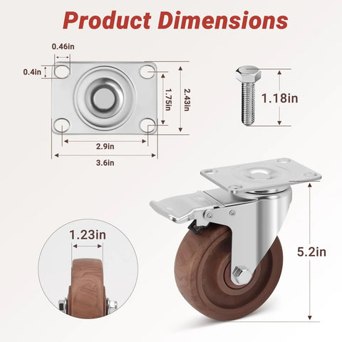 Heavy Duty 4 Inch Casters Set Of 4 With Brakes, 2000 Lbs Load Capacity, Glass Filled Nylon Wheels, dimensions shown