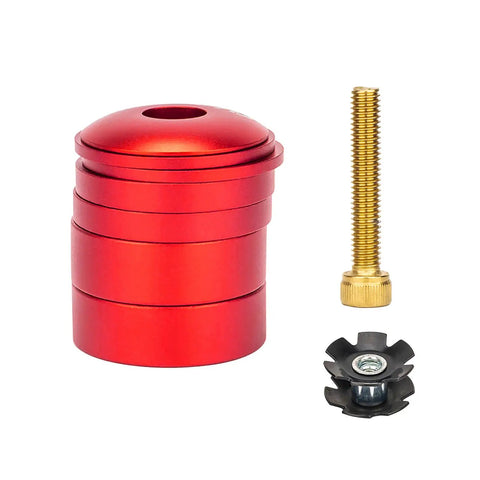 Red dope colorful aluminum headset spacer kit with stem top cap, long bolt, and star nut for precise height adjustment on bikes.