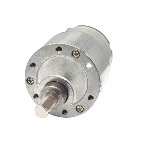Torque Monster DC Gear Motor 12V And 24V Options With Robust Metal Gears, close-up view showing 6mm shaft and metal casing.