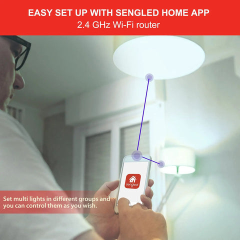 Person controlling No Hub Smart Light Bulb For Google Home Control, WiFi LED A19 Bulb with app, showing connection setup.