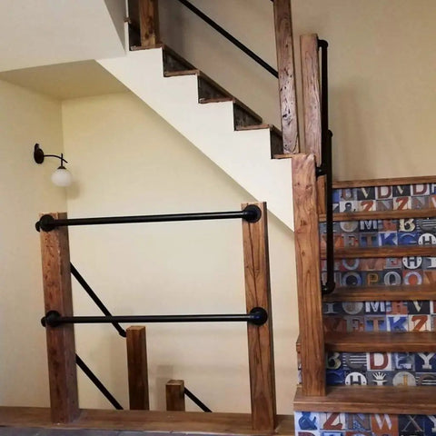 Dead Easy Install Wall Mounted Stair Handrail Industrial Pipe Style Wrought Iron Finish Black Anti Slip Safety Railing on wooden staircase.