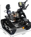 WiFi Robot Kit With Raspberry Pi 5 For Adults And Teens, 4DOF Robotic Arm On Tank Chassis Car, 2DOF HD Camera, Ultrasonic And Infrared Sensors, Programmable AI Robot Car Kit shown with measurements.