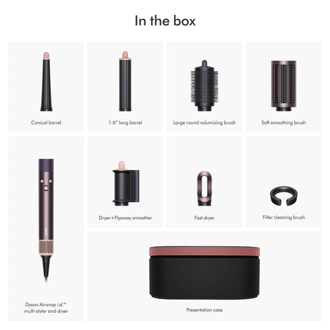 Limited Edition Airwrap iD Multi Styler And Dryer Straight Plus Wavy In Jasper Plum shown with attachments inside box