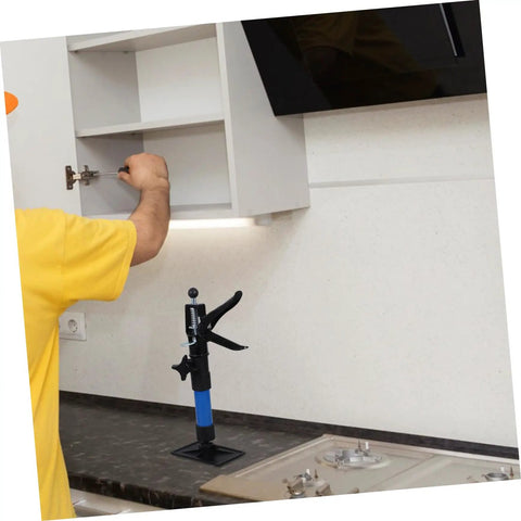 Heavy Duty Telescopic Cabinet Lift Jack With Adjustable Support Pole For Quick Wall Setup and Rock Solid Furniture Raising In Kitchens Bathrooms Or Garages holding kitchen cabinet in place.