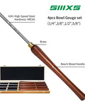 Built Tough Four Piece HSS Bowl Gouge Set Featuring Razor Sharp Carving Blades And Solid Beech Wood Grips For Heavy Duty Wood Lathe Turning Work Plus Convenient Wooden Carry Case and brass fittings.