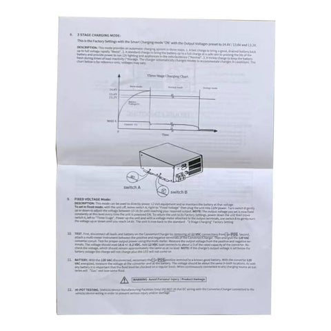 Manual for 75 Amp 12V Power Converter For RVs Boats And Trailers showing charging modes and switch setup