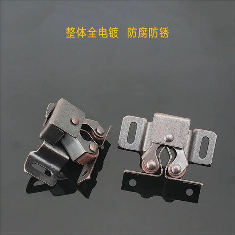 Double Roller Cabinet Door Catch Ball Latch in copper tone with prong, 34 by 32 mm, 13 mm projection, front view