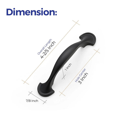 Dimensions diagram of 30 Pack Solid 3 Inch Rounded Foot Arch Kitchen Cabinet Handles Matte Black Finish showing length and hole spacing.