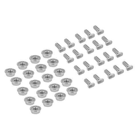 Set of 20 M6 stainless steel screws and flange nuts, 304 grade, serrated for greenhouse projects to prevent loosening and vibration.