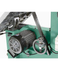 Close-up of Beefy 24 Inch 5 HP Industrial Bandsaw motor and tension system, highlighting dual 4 inch dust ports and green frame.