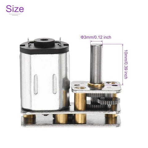 12V Micro DC Gearbox Motor With 1 To 298 Reduction, 20 RPM, metal body, 3mm shaft, 10mm output, size details shown