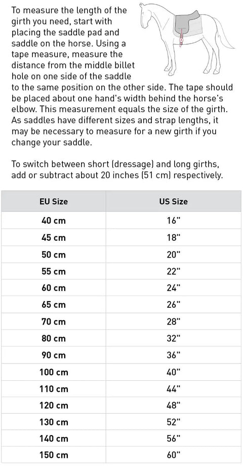 Measurement guide for Harleigh Sheepskin Dressage Girth Black 20 Inch Contoured Design With Stainless Steel Buckles No Elastic