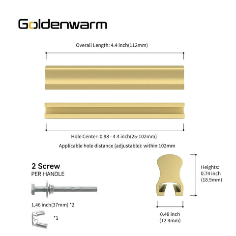 Dimensions and components of Adjustable Gold Cabinet Pulls 10 Pack For Kitchen Cabinets And Furniture Renovations, 1 To 4 Inch Hole Spacing.