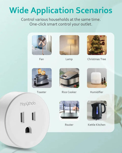 Two Pack Wireless Remote Control Outlet Plugs No Wiring Needed Remote Light Switch Kit With 500 Feet RF Range 275V 15A 1500W For Lights And Small Appliances Plus Safe Zero Crossing And Surge Protection, showcasing application scenarios for various home appliances like fan and lamp, with a close-up of the wireless outlet plug.