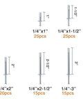 Concrete Anchors Assortment Kit With 100 Pieces Hammer Drive Nails One Quarter Inch Diameter One To Three Inch Length Zinc Coated Masonry Anchors For Concrete Brick And Stone Indoor And Outdoor Use, showing size options.