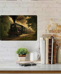 Vintage Steam Train Aluminum Wall Art 8x12 Inch Dope Retro Forest Railway Locomotive Metal Print on white brick wall