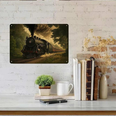 Vintage Steam Train Aluminum Wall Art 8x12 Inch Dope Retro Forest Railway Locomotive Metal Print on white brick wall