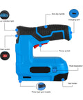 Slick Cordless Electric Brad Nailer And Staple Gun Rechargeable 2 In 1 Bottom Loading Fastening Tool with detailed features.