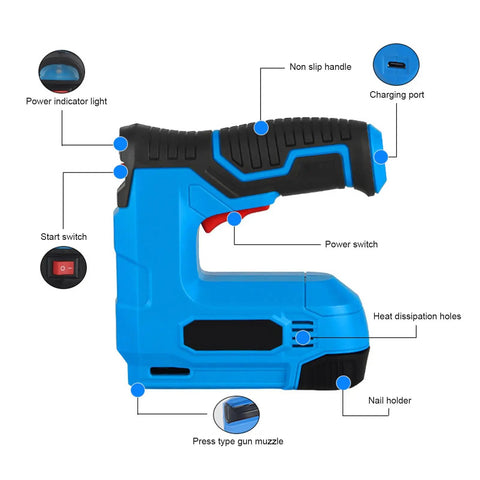 Slick Cordless Electric Brad Nailer And Staple Gun Rechargeable 2 In 1 Bottom Loading Fastening Tool with detailed features.