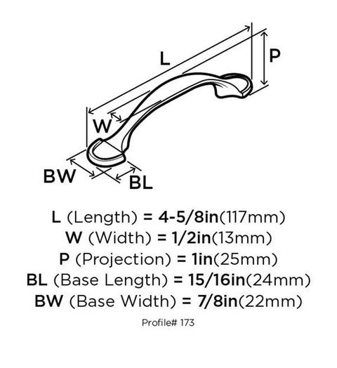 Oil Rubbed Bronze Cabinet Pull Four And Five Eighths Inch Length With Three Inch Center To Center Mounting dimensions diagram