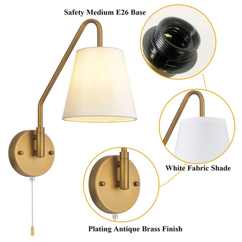 Set Of 2 Swing Arm Wall Sconces Hardwired 180 Degree Adjustable Left Right Antique Brass Fabric Lighting Vintage Farmhouse Bedroom Living Room With Pull Chain, showing white fabric shade and E26 base details.