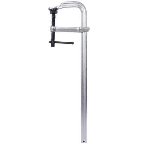 Heavy Duty F Clamp With Removable Swivel Pads 20 Inch Capacity And 5.5 Inch Throat Steel Bar Tool, silver steel construction.