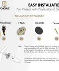 Six Inch Walnut Wood Furniture Legs With Casters Two Pack Round Solid Bun Feet instructions showing wood legs, T-Nuts, leg pads, screws, and installation diagram.