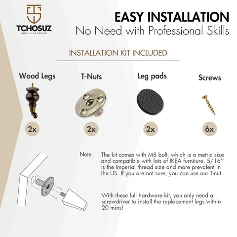 Six Inch Walnut Wood Furniture Legs With Casters Two Pack Round Solid Bun Feet instructions showing wood legs, T-Nuts, leg pads, screws, and installation diagram.