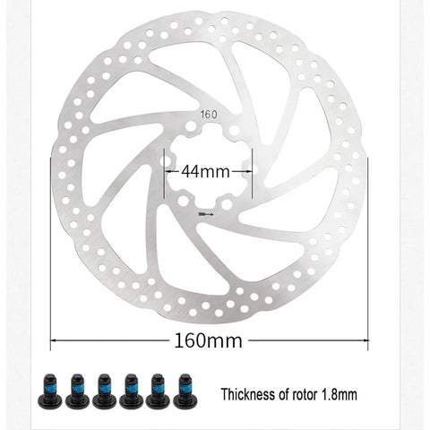 Heavy Duty Hydraulic Disc Brake Set With 160mm Rotor And Aluminum Mountain Bike Calipers showing 160mm rotor and mounting bolts.