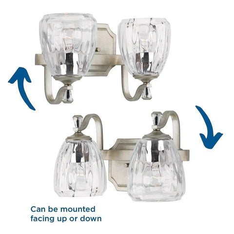 Anjoux Dope Two Light Gray Bath Vanity Light With Clear Water Glass Shades, Polished Nickel, shown in two mounting options.