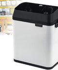 Top Shelf Electric Knock Box And Commercial Portafilter Cleaner, countertop coffee grounds catcher in white with black trim.