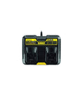 Dual 12V To 20V MAX Battery Charger For Li Ion Batteries With Two USB Ports, black corded unit with two charging slots front view