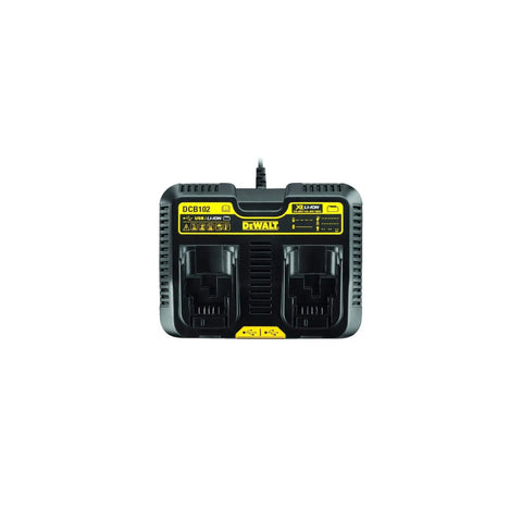 Dual 12V To 20V MAX Battery Charger For Li Ion Batteries With Two USB Ports, black corded unit with two charging slots front view