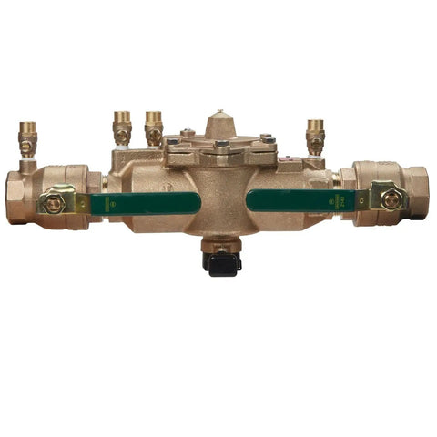 Lead-Free Copper-Silicon Alloy RPZ Backflow Preventer Assembly With Flood Sensor And SentryPlus Alerts No-Brainer Install 1-1/2 Inch Bronze Strainer Quarter-Turn Shutoff Modular Design For Cross-Connection Protection, front view