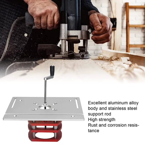 Heavy Duty Router Lift Plunge Base Fully Adjustable Metal Table Insert Plate Fits 64mm To 66mm Router Motors shown in use during woodworking.