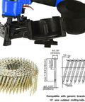 Heavy-Duty 15 Degree Roofing Nailer With Coil Magazine, Shoots Nails From 3/4 To 1-3/4 Inches, showing the nail loading mechanism and nails.