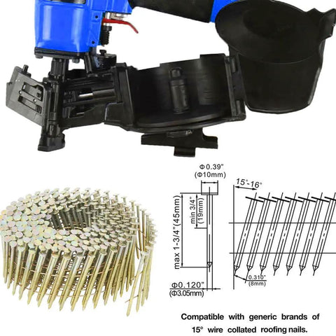 Heavy Duty Roofing Nailer Built To Take Heat While Delivering Consistent Drive Power For Snappy 15 Degree Wire Collated Nailing On Every Residential Project Out There with nails and diagrams.