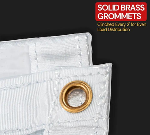 Solid brass grommet on 8x10 Clear Vinyl Tarp 24 Mil Thick Tough As Nails Weatherproof Tarpaulin With Grommets Every 2 Feet UV And Fire Retardant
