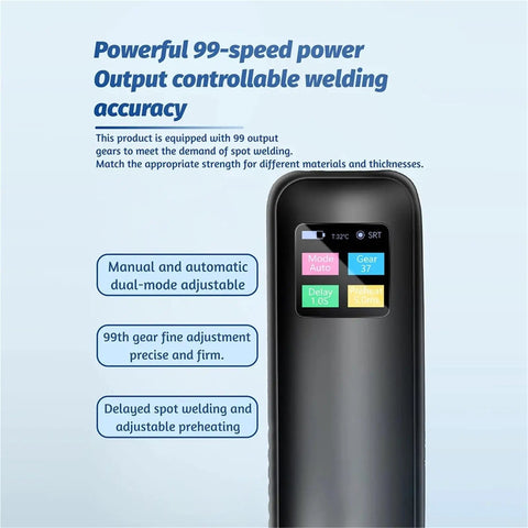 Display panel of Portable Digital Spot Welder Handheld With Adjustable Power For Nickel Sheet showing settings and modes.