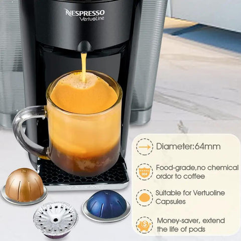 Aluminum Foil Lids For Reusable VertuoLine Coffee Capsules 64mm Compatible With Nespresso VertuoLine Machines showing brewing process