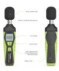 Portable Digital Sound Level Meter With LCD Backlit Display 30dB To 130dB Range, Real Time A Weighted SPL Meter For Home, Shop And Factory Use, Data Hold Function, Easy Readout, Rugged And Reliable, front and back views