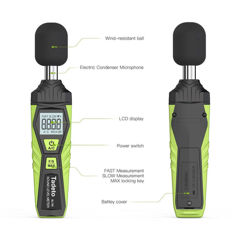 Portable Digital Sound Level Meter With LCD Backlit Display 30dB To 130dB Range, Real Time A Weighted SPL Meter For Home, Shop And Factory Use, Data Hold Function, Easy Readout, Rugged And Reliable, front and back views