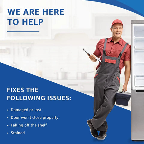 Technician beside open fridge, promoting Upgraded Right Side Door Shelf Bin Replacement For Refrigerator, repair services highlighted.