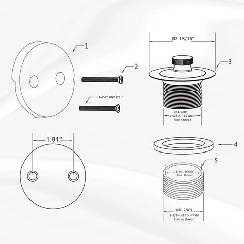 Technical diagram of Oil Rubbed Bronze Bathtub Drain Kit With Lift And Turn Plug And Overflow Plate Replacement Tub Drain Assembly Screws Included Universal Fit For 1-3/8 And 1-1/2 Inch Drains Brass Construction Easy Install