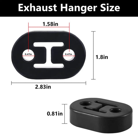 Exhaust Rubber Hanger For Muffler Mounts With Two Holes 0.47 Inch, black rubber insulator with size dimensions.