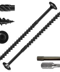 Heavy Duty Black Lag Screws Twenty Four Pack Size Twelve By Five Inch Structural Wood Screws with T30 driver and washer head.
