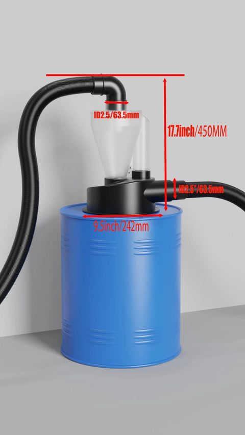 Turbocharged Dual Filtration Cyclone Dust Collector For Woodworking With Two Point Five Inch Hose and Separator Canister